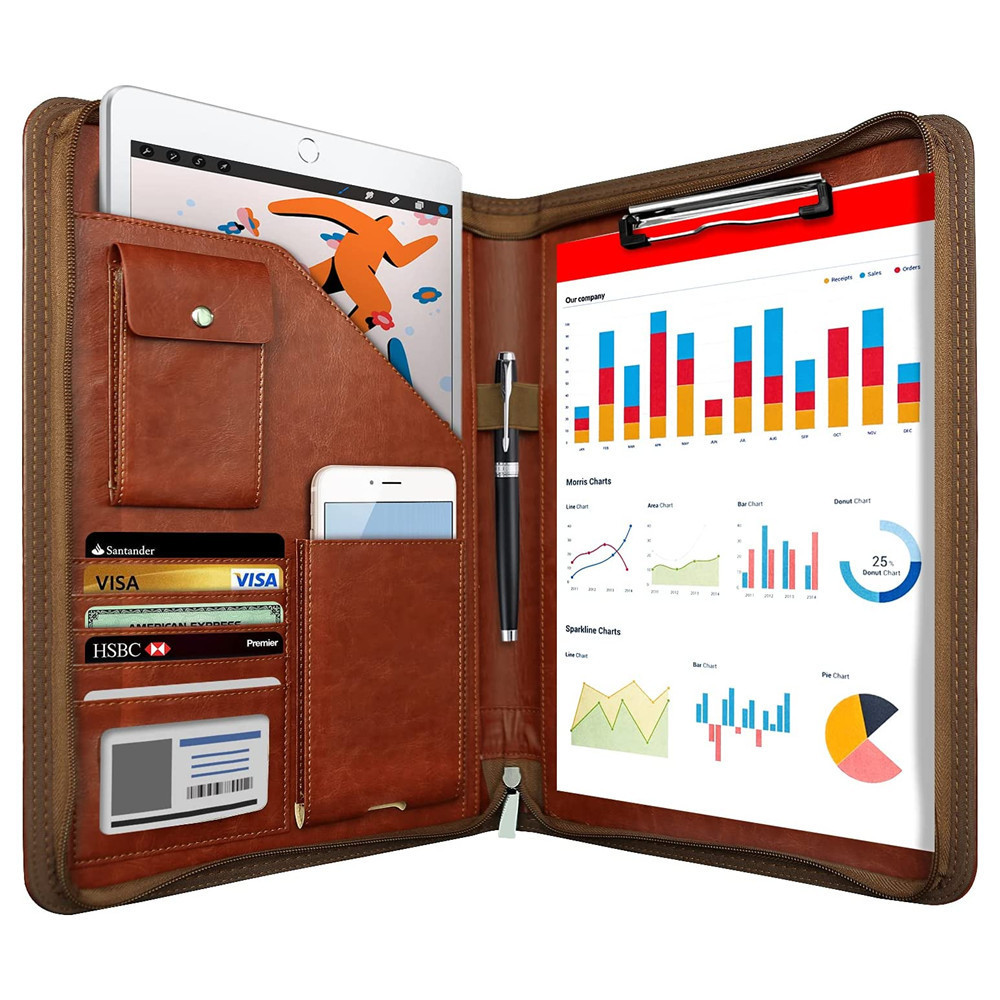 

Notepads Smart Reusable Notebook A4 Dot Zippered Padfolio Organizer Leather Planner Folder Pockets Card Holders Multifunctional Business 230225