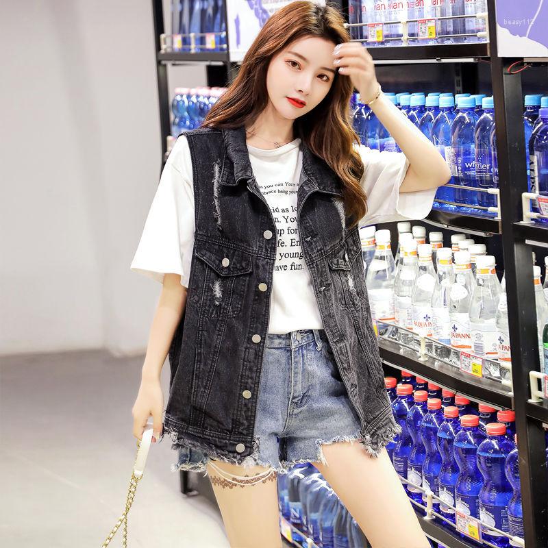 

Women' Vests Spring Summer Broken Hole Denim Vest Coat Loose Student Sleeveless Jacket Cowboy Tops BF Style Korean Women' Chaqueta, Black