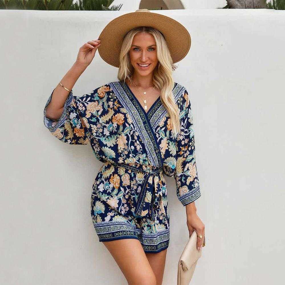 

Summer Printed Womens Jumpsuits V Neck Three Quarter Sleeve Loose Casual, Picture color
