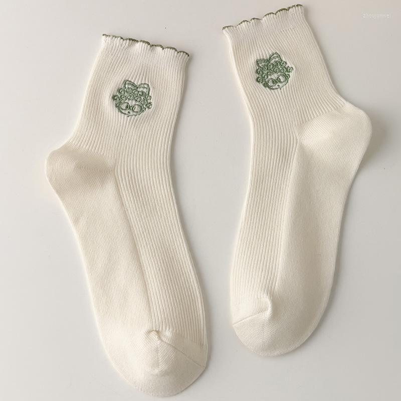 

Women Socks Cartoon Embroidery Girl Avatar White Frilly Fashion Casual Long Cotton Sock Cute Kawaii Harajuku Chaussette, Pmj