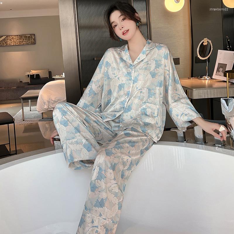 

Women's Sleepwear Spring Summer Pajamas Set Women Long Sleeve Trouser Suits Simple Print Leaf Blue Rayon Nightwear Casual Pijamas Suit