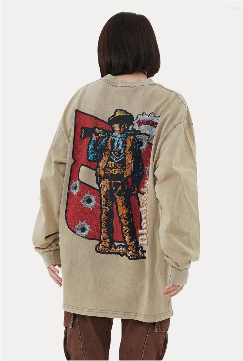 

Men's T Shirts Vintage Washed Anime Cowboy Shirt Men Long Sleeve Cotton Harajuku For Hip Hop Streetwear Top Tees, Brown