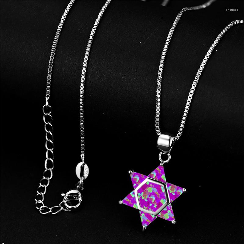 

Pendant Necklaces Purple Opal Hexagon Necklace Female Luxury Birthstone Classic Silver Color Chain For Women