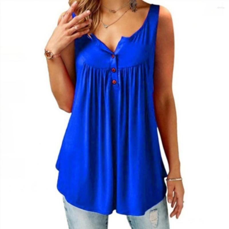 

Women's Tanks Women Solid Color U Neck Camisole Sleeveless Pleated Tank Top Button Loose Vest, Blue
