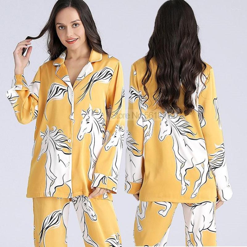 

Women's Sleepwear Women Pajamas Print 2PCS Shirt&Pants Lounge Wear Satin Pyjamas Set Casual Home Clothes Soft Lapel Lingerie Nightwear, White b