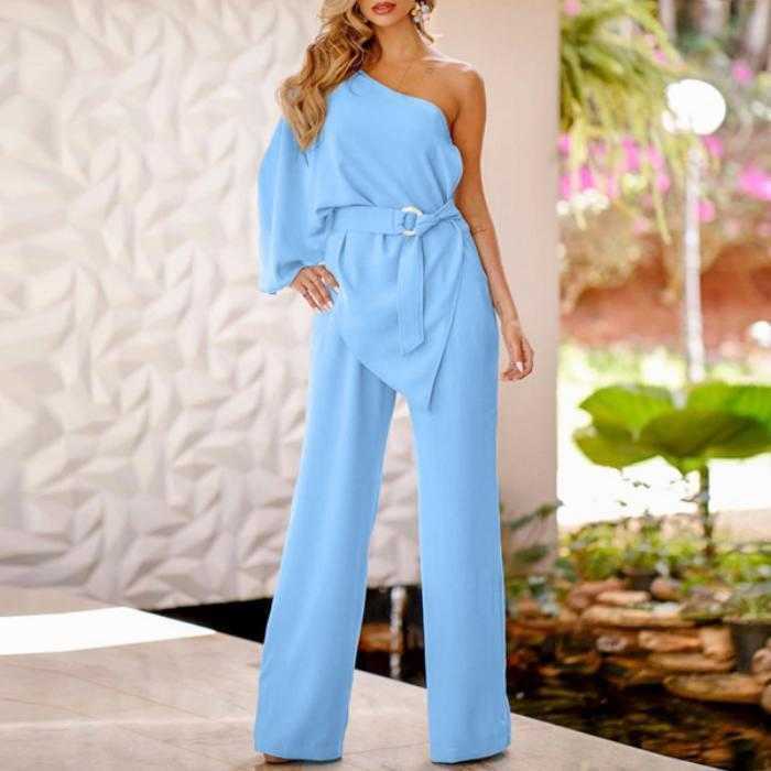 

Jumpsuit Womens Autumn Casual High Waist With Belt Straight Belted, Sky blue