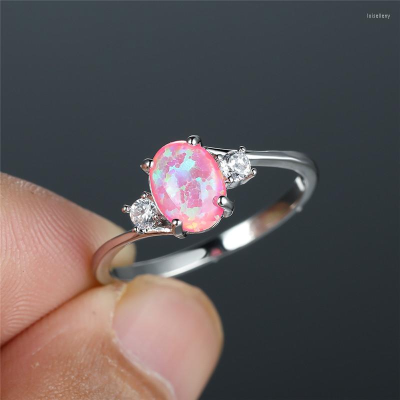 

Wedding Rings Geometric White Pink Fire Opal Ring Dainty Small Oval Stone Engagement Fashion Silver Color For Women Jewelry