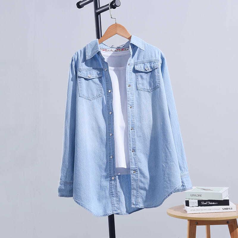 

Women' Knits & Tees Denim Shirt Girl 2023 Spring And Autumn Medium Long Korean Version Loose-fitting Large-size Long-sleeved Student Jacket, Dark blue