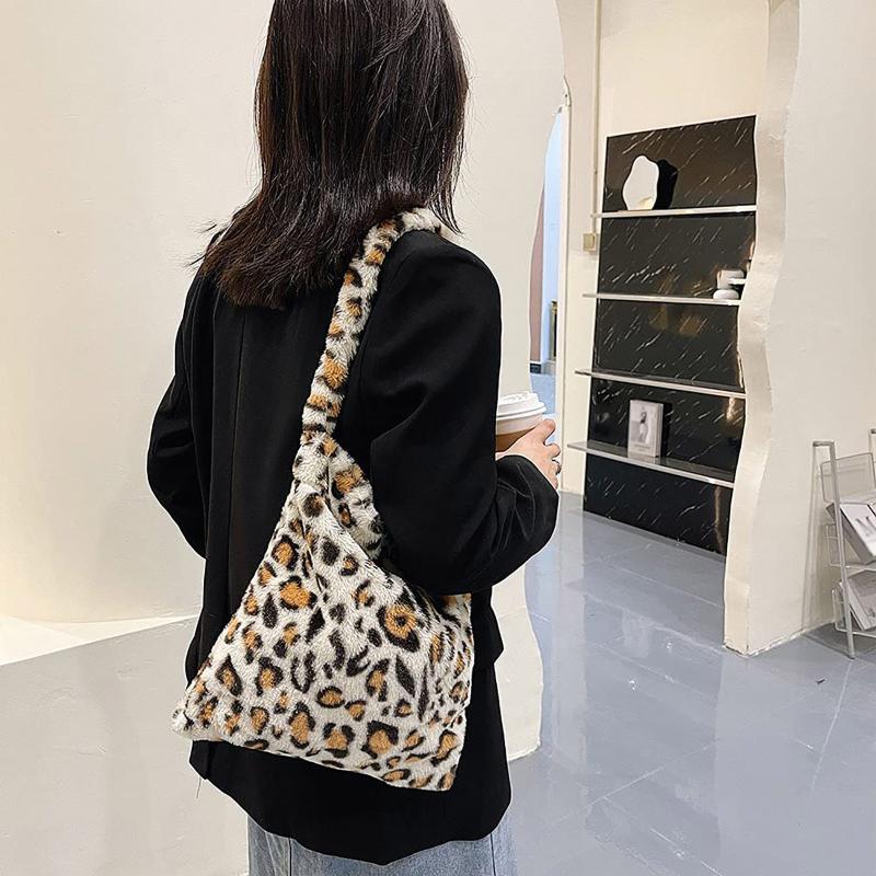 

Evening Bags Plush Shoulder For Women Fashion Leopard Warm Fabric Large Capacity Shopping Bag Soft Canvas Tote Ladies Cute Bear Handbags