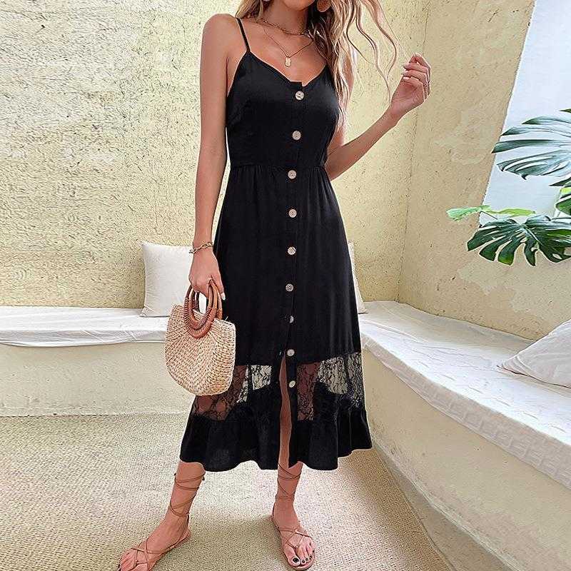 

Fashion Womens Wear Dresses Summer Suspender Sleeveless Black Lace Stitching
