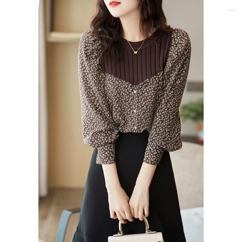 

Women' Blouses Floral Stitching Knitted Round Neck Shirt Women 2023 Spring And Autumn Chic Design Long Sleeve Printed Blouse Female Tops, Coffee