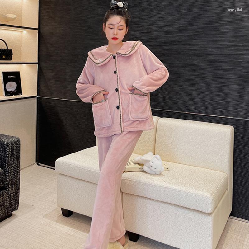 

Women's Sleepwear Pajamas Set Nightwear Lapel Long Sleeve Embroidered Flannel Sleep Suit Shirt Pant 2Pcs Home Clothes Lounge Outside, Sun flower pink