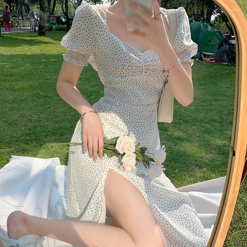 

Party Dresses French Chiffon Dress Women Puff Sleeve Dots Print Vintage Retro Office Lady Casual Summer Elegant Split 2023, Photo color
