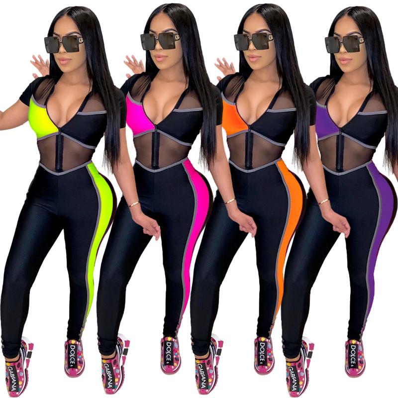 

Gym Clothing 2023 Color Patchwork Sheer Mesh Jumspuit Women Fashon Sexy Zipper V Neck Short Sleeve Skinny Romper Night Club, Orange