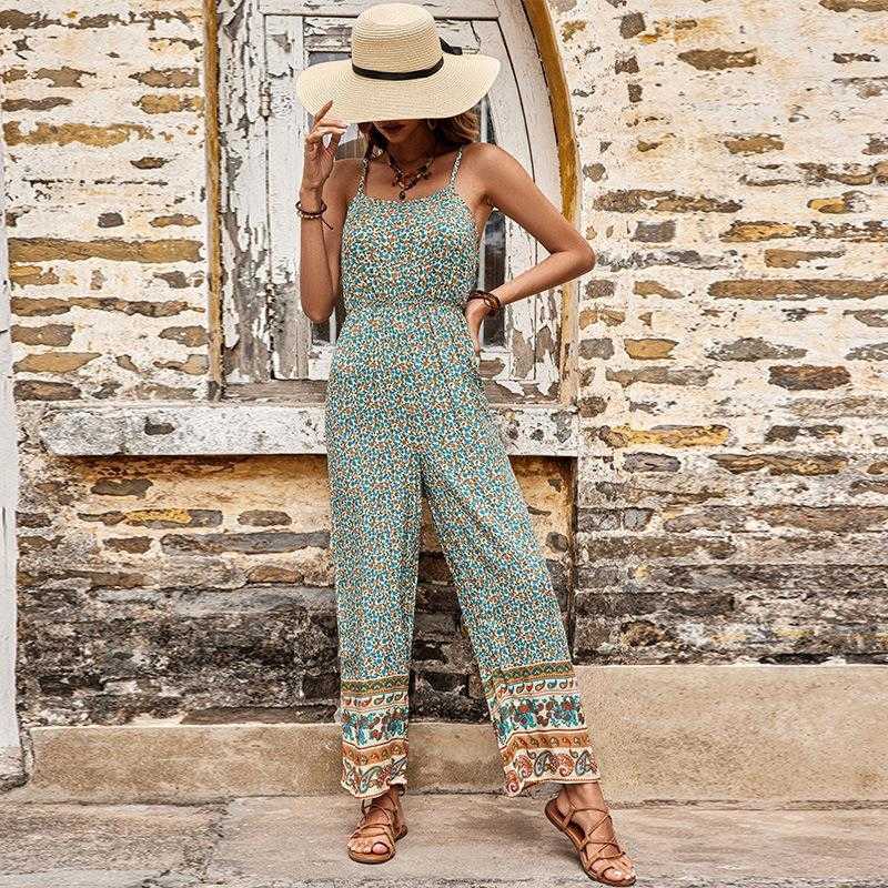 

Summer Casual Trousers Jumpsuit Spaghetti Strap Floral Print Sleeveless, Green
