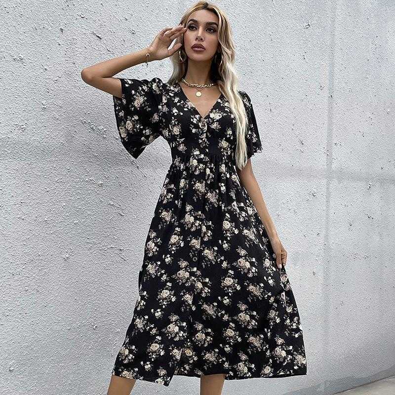 

Womens Dress Platycodon Grandiflorum Skirt Bell Sleeve Floral Split, Black