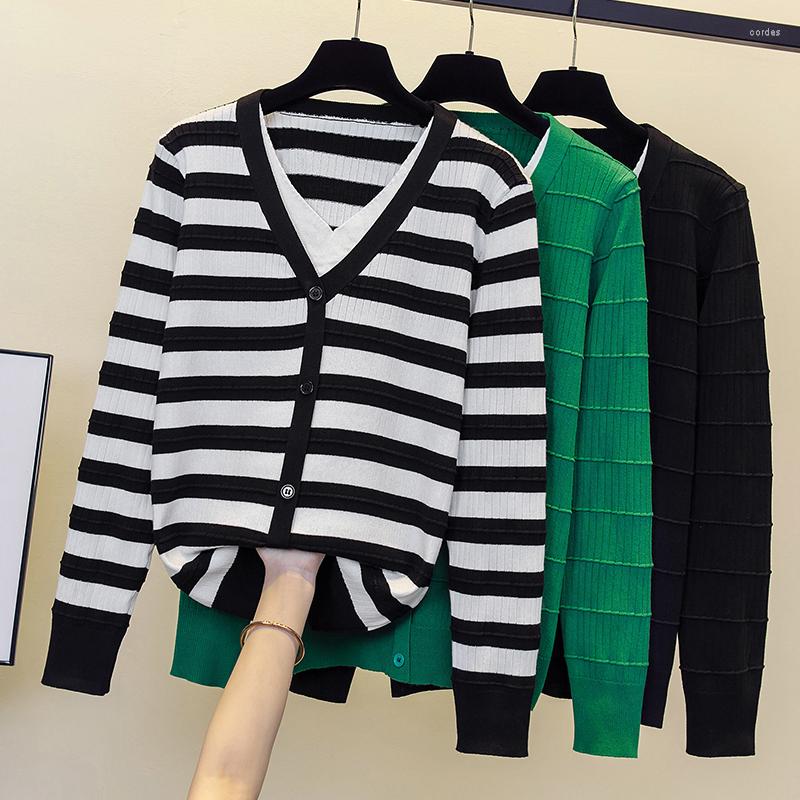 

Women's Sweaters Spring Autumn Ladies Stripe V Neck Colorblock Knit Cotton Casual Fashion Elegant Korean Loose Delicate Pullover Oversized, Green