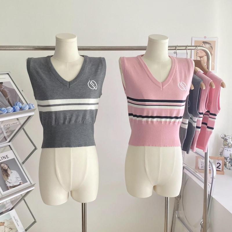 

Women' Tanks Women' Korean Style V Neck Knitted Vest Summer Casual Stripe Sleeveless Sweater Lady Slim Tank Top, Gray