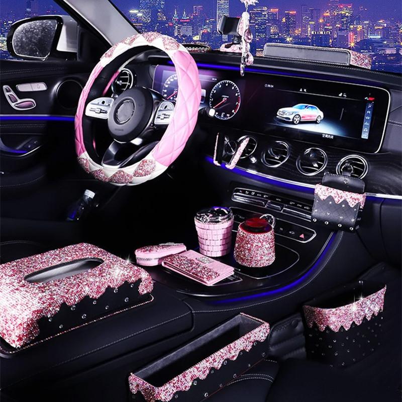 

Steering Wheel Covers High End Fashion Women Car Diamond Storage Box Rearviwe Mirror Pendant Cover Interior DecorationsSteering