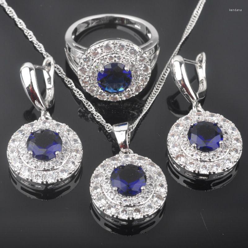 

Necklace Earrings Set Blue Stone Cubic Zirconia Women's Wedding Silver Color Earring And Sets Pendant Rings QZ0269, Picture shown