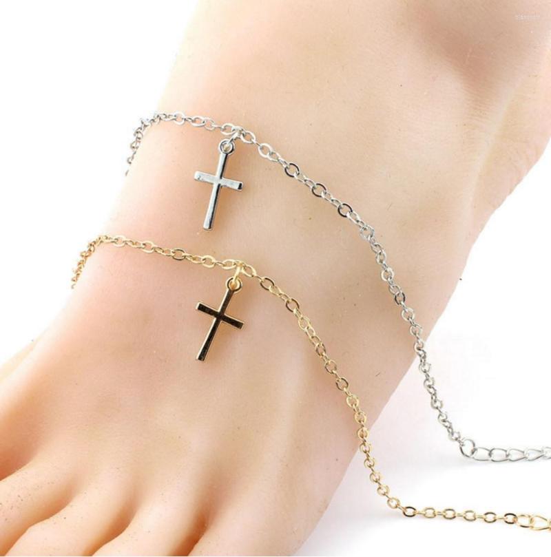 

Anklets Fashion Cross Pendant Anklet Simple Gold Silver Color Metal Foot Chain For Women Summer Beach Bracelet Jewelry Gifts