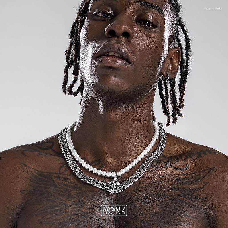 

Pendant Necklaces Double Angel Necklace Hip Hop Punk Metal Pearl Fashion Titanium Steel Cuban Chain For Men Girls Women Jewelry