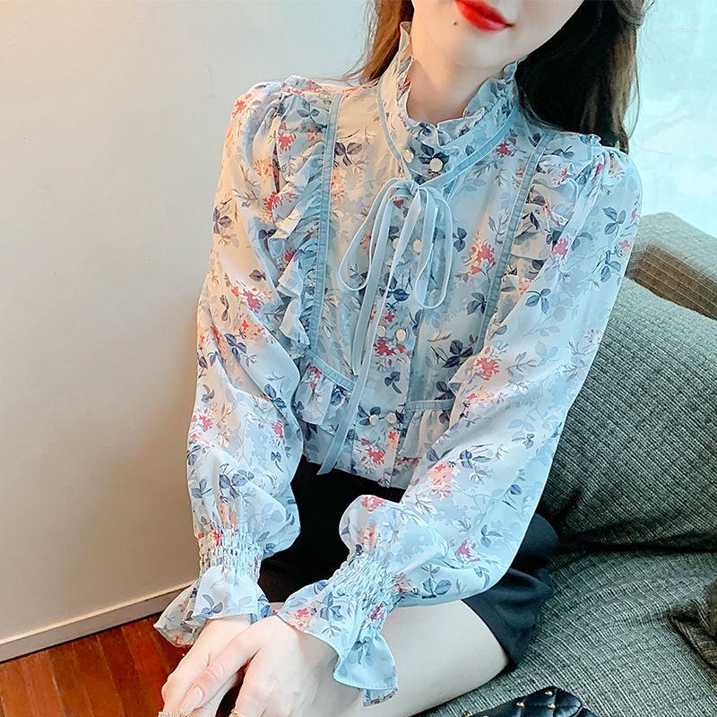 

Women's Blouses Casual Blouse Female 2023 Spring Small Shirt Ruffled Lined Lining Floral Chiffon Bow Lantern Sleeve Top, Blue