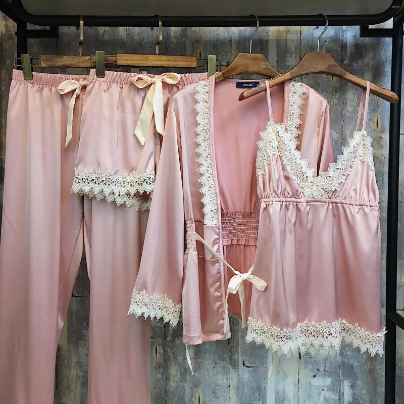 

Women's Sleepwear Silka Surplus Silk Pajamas Sets For Women Long Sleeve Satin Pink 7 PiecesPijama Spring Summer Homewear Female Robe Set, Green