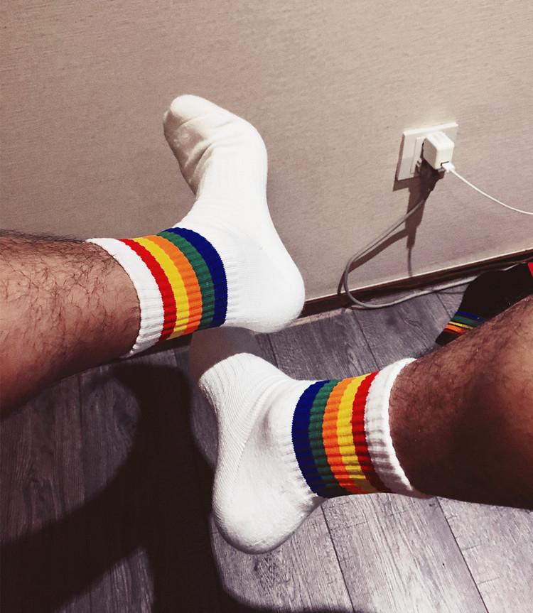 

Men's Socks 24 Colors Unique Design Men Rainbow Stripes Sexy Gay Top Vers Bottom Comfortable Cotton, Red blue red
