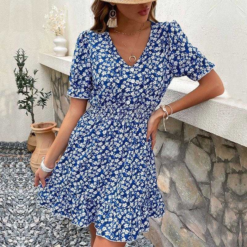 

Summer Retro Short Womens Wear Dress Floral V Neck Sleeve Slim, Blue