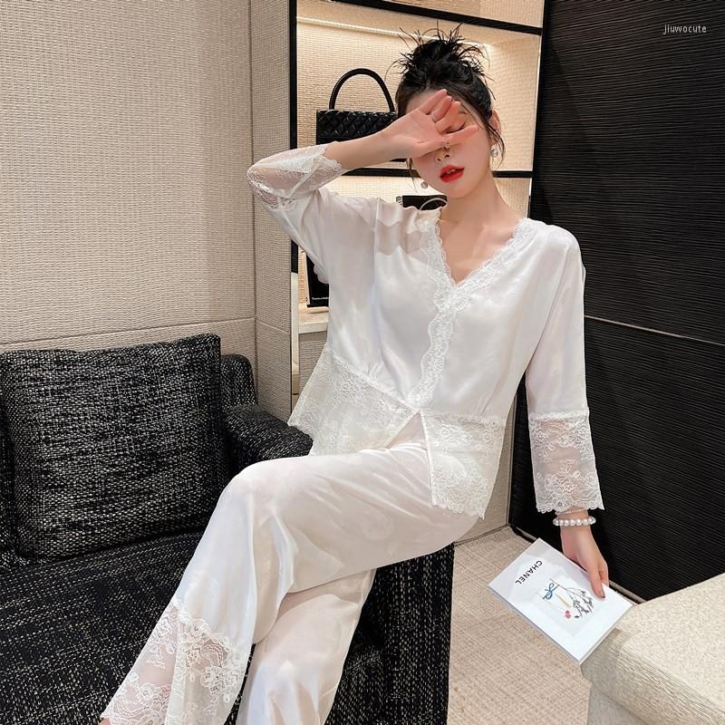

Women's Sleepwear Lace Edge Women Pajamas Comfort Silky Sexy Nuisette Femme Solid Long Sleeve Home Clothing Shirt Pant Nightwear, White