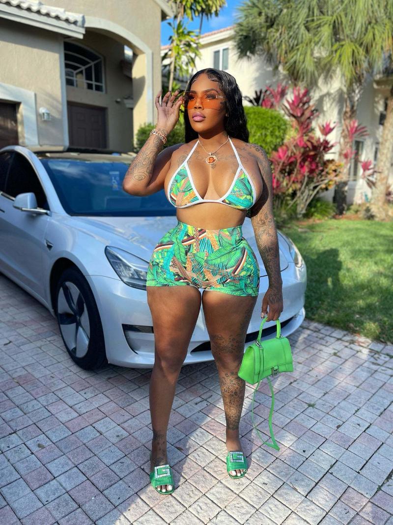 

Women's Tracksuits Fashion Sexy Holiday Style Women Suit Sleeveless Deep V Short Top Elastic Pants Printed Two Piece SetsWomen's, Green