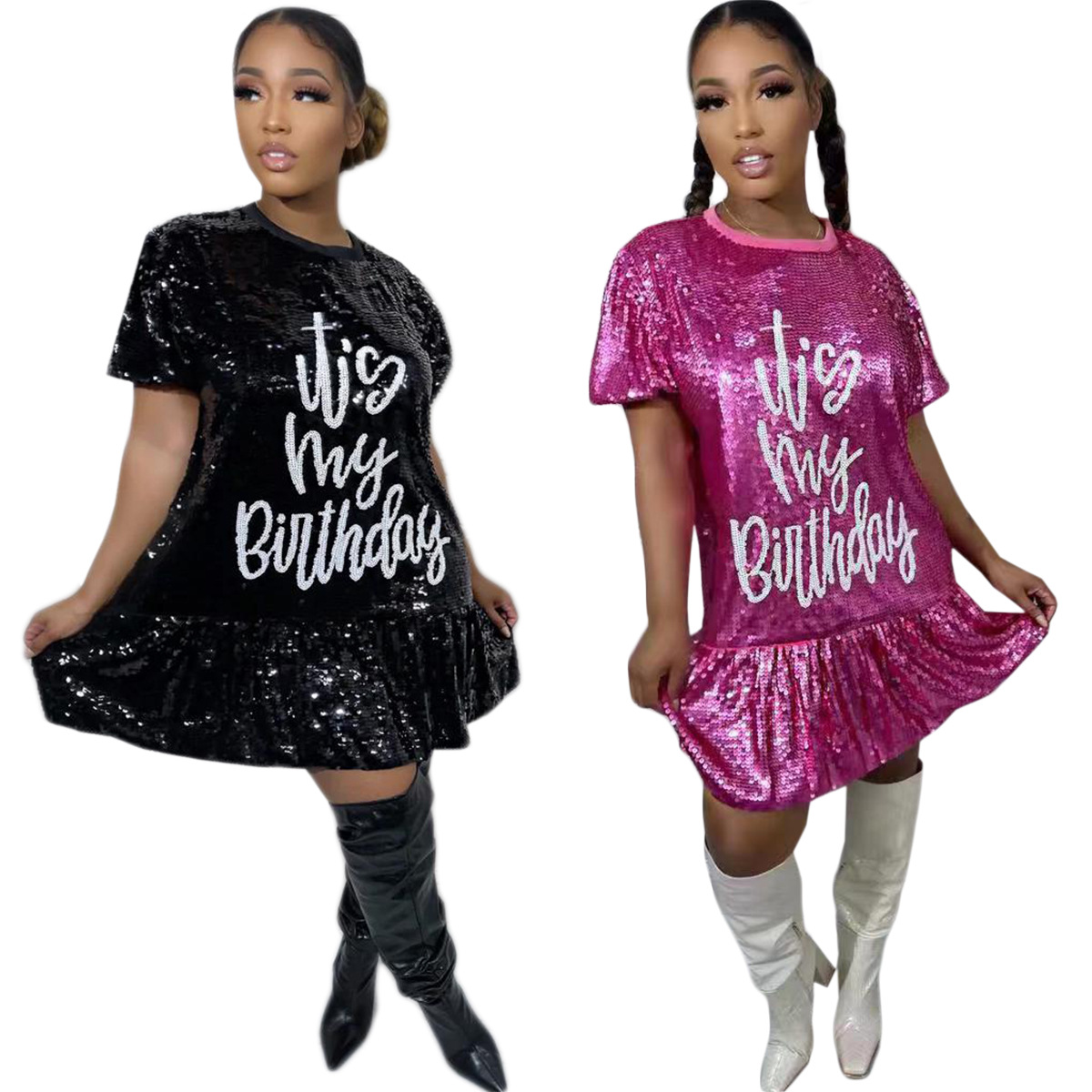 

W0026 Letter Bright Sequins Print Short Dress For 2023 Women Summer Half Sleeve Loose Brand Casual High Street Big Hem Mini Dresses, Purple