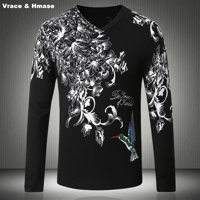 

Men's Sweaters Chinese Style Flowers Bird Pattern Printing Fashion Casual Sweater Autumn&Winter 2023 Quality Men Black White -4XLMen's, Picture shown