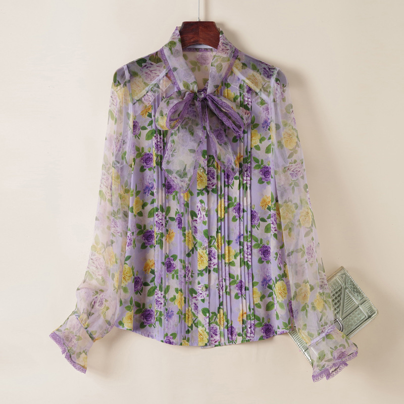 

2023 Spring Purple Floral Print Ribbon Tie Bow Silk Blouse Shirt Long Sleeve Round Neck Panelled Single-Breasted Soie Top Shirts R3F217733