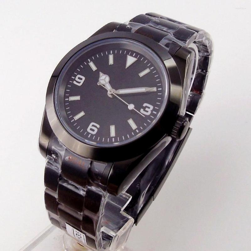 

Wristwatches 39mm Nologo Black Explore PVD Men Watch NH35A MIYOTA 8215 Movement Flat Sapphire Crystal Green Luminous Hands, Mingzhu 2813