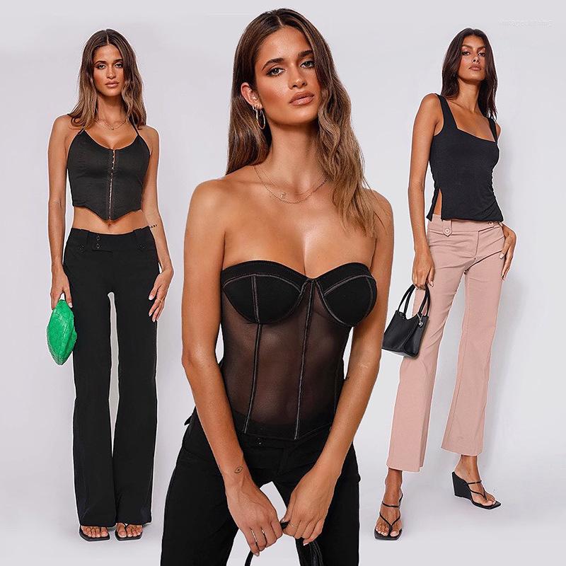 

Women' Tanks Sexy Crop Top For Women Summer Fashion Sleeveless Strapless 2023 Mesh See Through Tops Tees Streetwear Y2K Clothes, Black