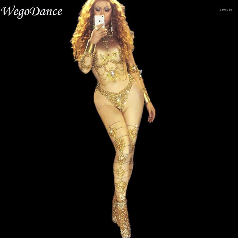 

Stage Wear Sparkly Gold Stones Jumpsuit Sexy Rhinestones Costume Bling Women's Nude Stretch Bodysuit Rompers Prom Celebrate Outfit