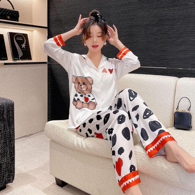 

Women's Sleepwear Pajamas Women's Printed Set Long-sleeved Trousers Cardigan-style Silk Home Clothes Loose Can Be Worn Outside, Black