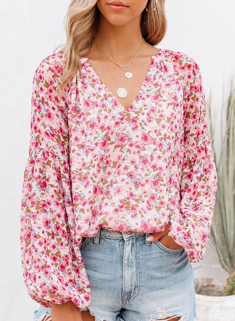 

Women's Blouses & Shirts Sexy V Neck Shirt Women Floral Print Lantern Sleeve Chiffon Blouse Autumn Casual Loose Ladies Long Tops Blusas Y Ca, Multicolor shirt