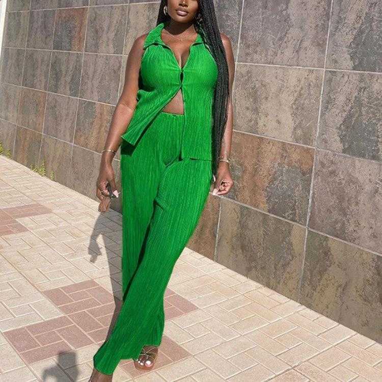 

Women Fashion Suit Pant Solid Color Loose Pleated Sexy Sleeveless Casual Two, Green