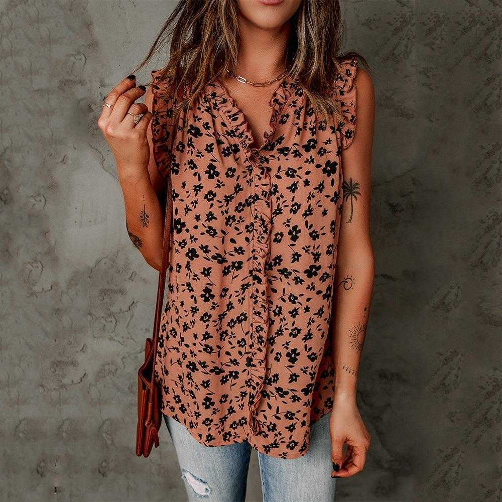 

Lapel Neck Summer Sexy Leopard Shirts Print Sleeveless Womens T Shirt, Brown