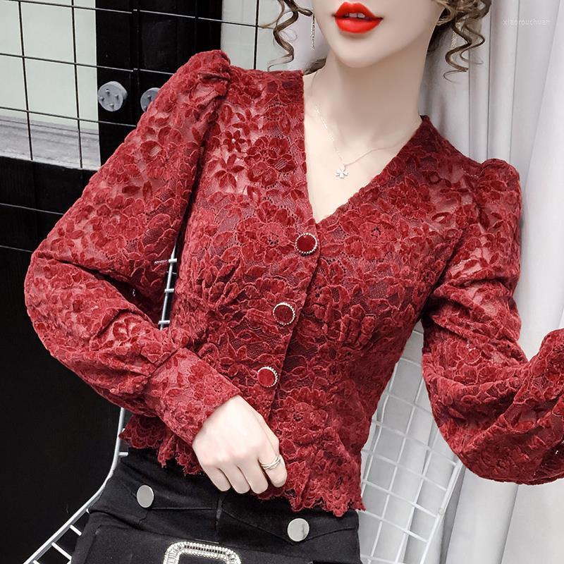 

Women' Blouses 2023 Spring And Summer V-neck All-match Foreign Style Small Shirt Long-sleeved Short Top Lace Bottoming Women Casual, Beige