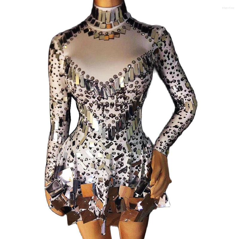 

Stage Wear Nightclub Women Singer Long Sleeve Short Dress Silver Sequins Mirror Evening Birthday Celebrate Costumes Dance
