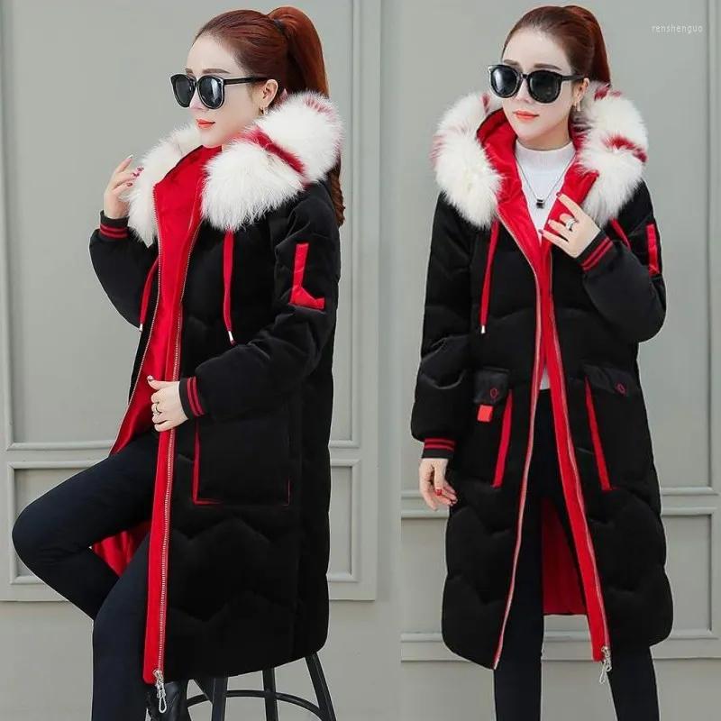 

Women's Trench Coats 2023 Winter Gold Velvet Down Cotton Coat Womens Korean Fashion Temperament Padded Jacket Fur Collar Hooded Long Thick, Pink