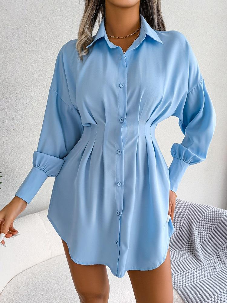 

Casual Dresses Women Spring Autumn Solid Lapel Lantern Long Sleeve Waist Slim Pleated Shirt Dress OL Short Skirt Elegant Fashion La