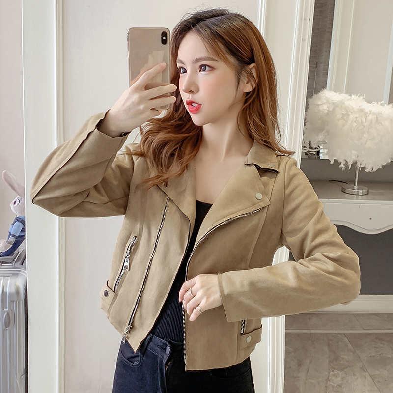 

Women' Jackets Streetwear Suede Short Jacket Women Spring Autumn Korean Fashion Zipper Coat Casual Ladies Biker Chaquetas Mujer C7987Women, Black coat