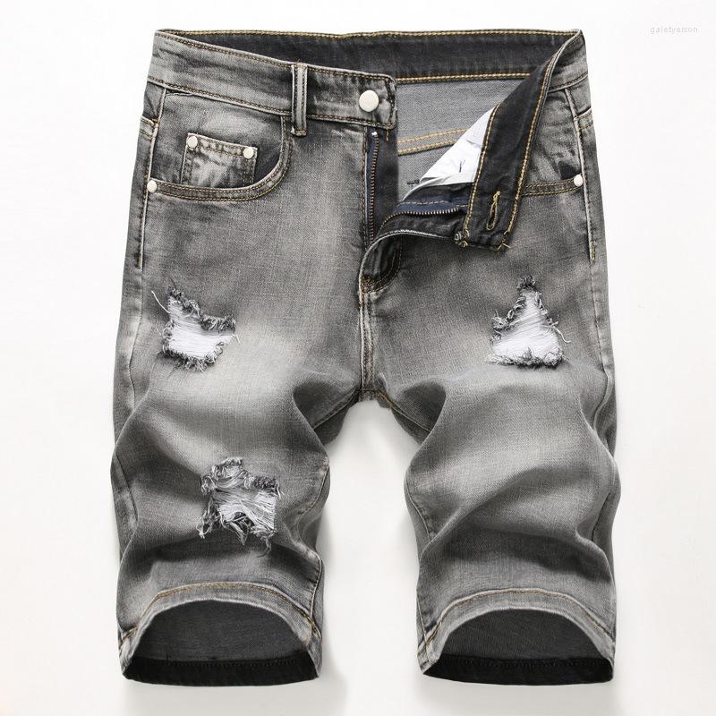 

Men's Shorts Denim Torn 2023 Summer Breeches Hole Distressed Bermuda Male Stretch Knee Length Vintage Short Jeans MenMen's, Gray