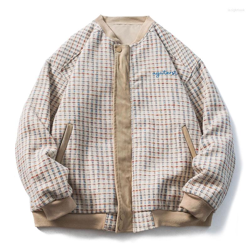 

Men's Jackets American Thick Jacket Men Harajuku Letter Plaid Two-sided Outwear Color Matching Oversized Unisex Coat 2023 Streetwear Beige