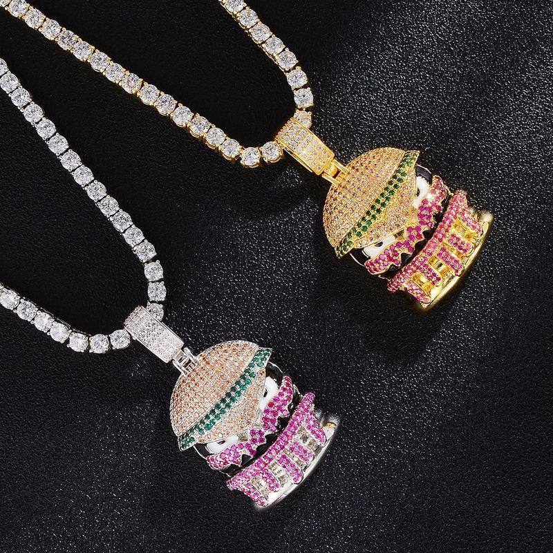 

Pendant Necklaces Gold Silver Color Iced Out Fashion Zircon Hamburger Pendants Jewelry Mens Hiphop Chains Drop